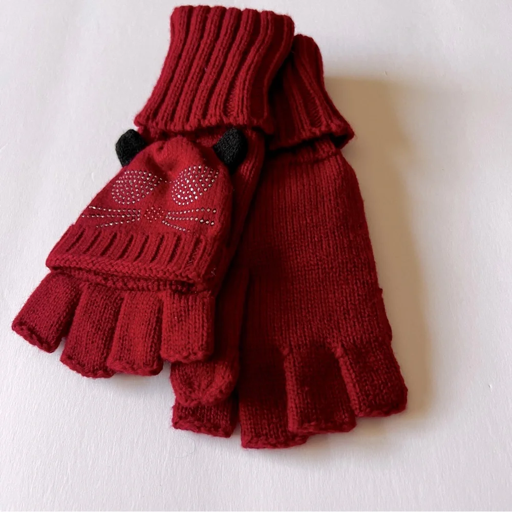 KARL LAGERFELD POP TOP CONVERTIBLE FINGERLESS GLOVES MITTENS RED KARL CAT LOGO